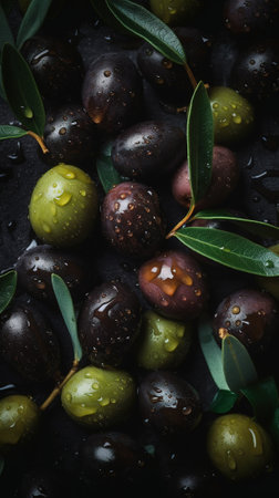 Black and green olives with leaves on black background, top viewの素材
