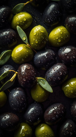 Black and green olives with drops of water on a dark backgroundの素材