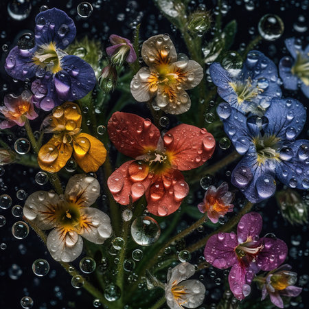 Bouquet of colorful pansy flowers with water drops on black backgroundの素材
