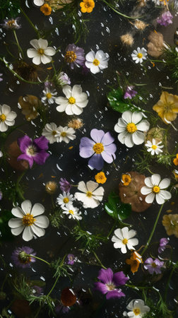 flowers floating in the water with drops of water, floral backgroundの素材