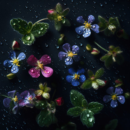 flowers on a dark background, water drops on the petalsの素材