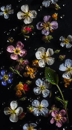 Flowering branch of cherry on a black background with water dropsの素材