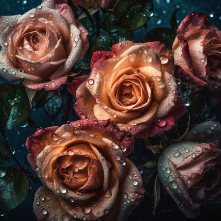 Beautiful pink roses with water drops on a dark blue background.の素材