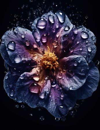 Water drops on a beautiful flower on a black background, close-upの素材