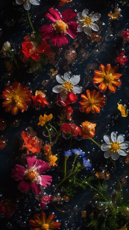 Colorful flowers in water on dark background. Top view. Flat lay.の素材
