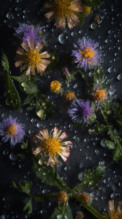 Dew drops on the flowers of asters and cornflowersの素材