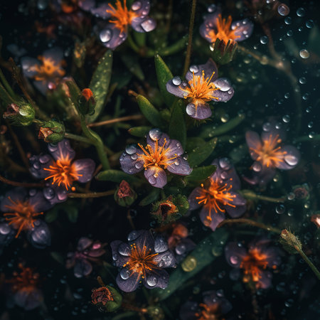 Flowers with raindrops on a dark background. Floral background.の素材