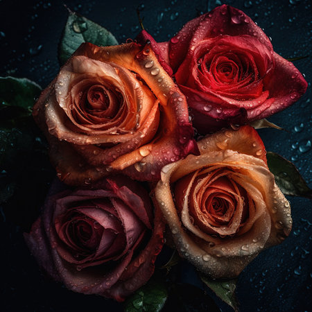 Beautiful roses with water drops on dark background, top view.の素材