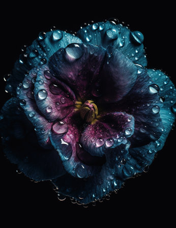 Beautiful dark blue pansy flower with water drops isolated on black backgroundの素材