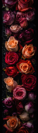 Bouquet of beautiful fresh roses with water drops on black backgroundの素材