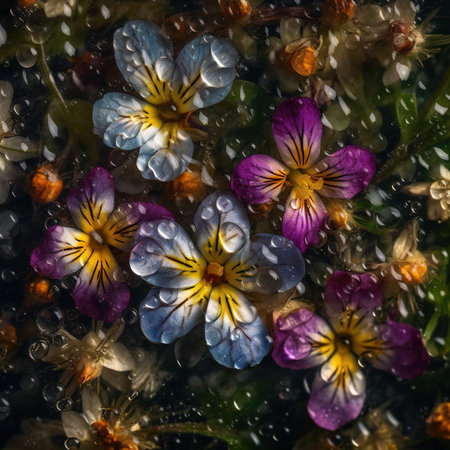 Colorful pansy flowers with water drops on a dark background.の素材