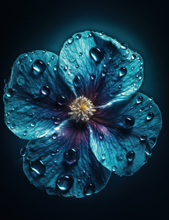 Beautiful blue flower with water drops on dark background, closeupの素材