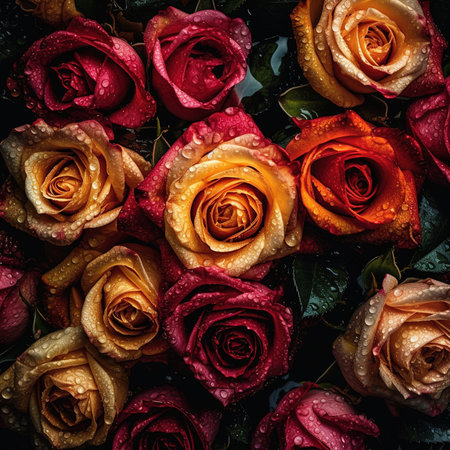 Beautiful fresh roses with water drops on dark background, top viewの素材