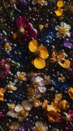 Colorful flowers under the falling snow. Abstract background and texture for design.の素材