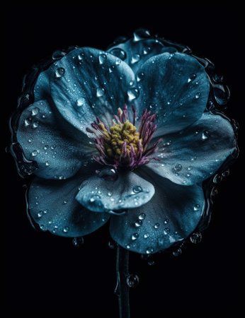 Beautiful blue flower with water drops on a black background. Toned.の素材