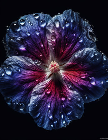 Purple hibiscus flower with water drops on black backgroundの素材