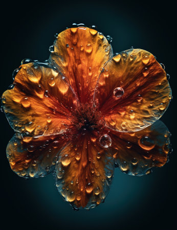Beautiful orange flower with water drops on dark background, closeupの素材