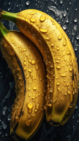 Bunch of fresh bananas with water drops on dark background, top viewの素材