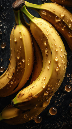 Bunch of bananas with water drops on dark background, top viewの素材