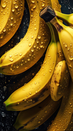 Bunch of bananas with water drops on black background, top viewの素材