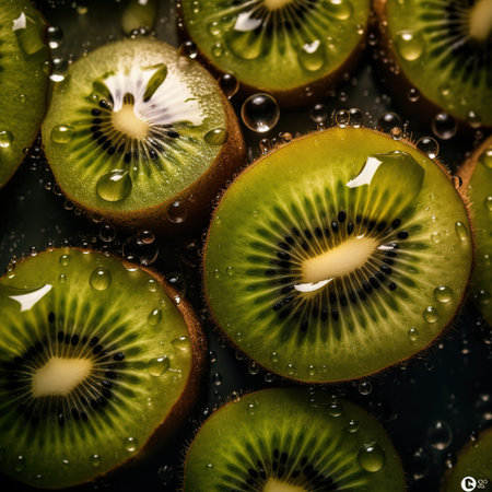 Fresh kiwi fruits with water drops on dark background closeupの素材
