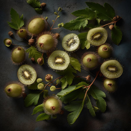 Kiwi fruits and green leaves on dark background. Toned.の素材