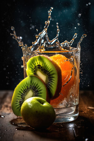 Fresh fruit splashing into a glass of water on a dark backgroundの素材