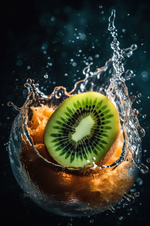 Fresh kiwi fruit splashing into water on black background.の素材