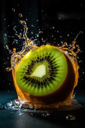 Kiwi fruit splashing into water on a black background.の素材