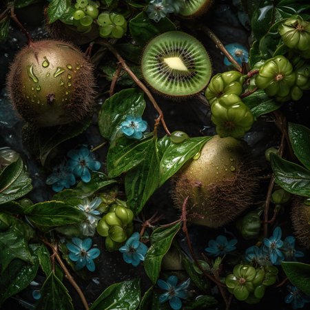 Kiwifruit and blue flowers on dark background. Toned.の素材