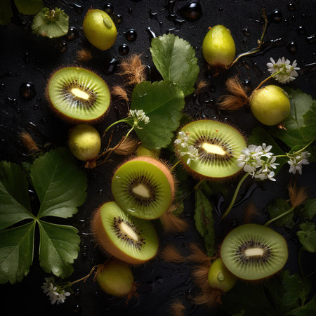 Kiwi fruit with leaves and flowers on a black background.の素材