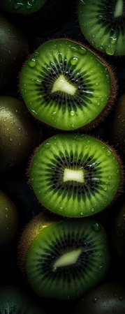 Kiwi fruit with water drops on a black background close upの素材