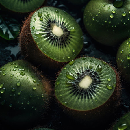 Kiwi fruit with water drops on dark background. close up.の素材
