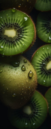 Kiwi fruit with water drops on black wooden background, close upの素材