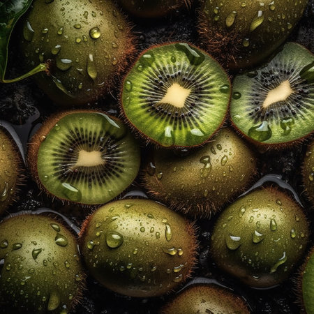 Kiwifruit with water drops on black background. Top view.の素材