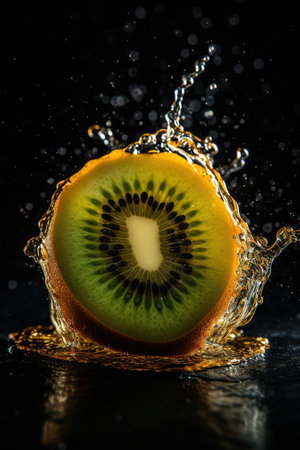 Fresh kiwifruit with water splash on black background. Healthy food concept.の素材