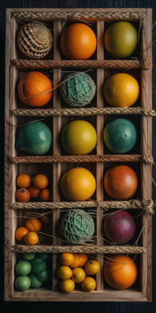Colorful Easter eggs in a wooden box on a dark wooden backgroundの素材