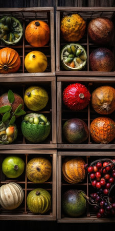 Variety of fruits and vegetables in wooden box. dark background.の素材