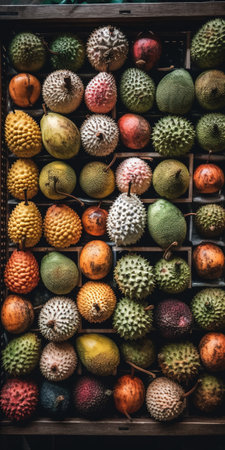 Variety of exotic fruits in wooden box, Thailand. Selective focus.の素材