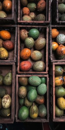 Variety of exotic fruits in wooden boxes, Thailand. Selective focus.の素材