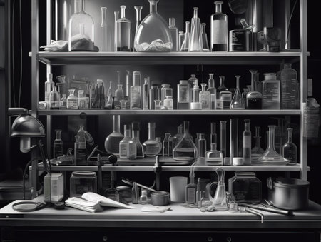 Laboratory glassware on the shelf in black and white tone.の素材