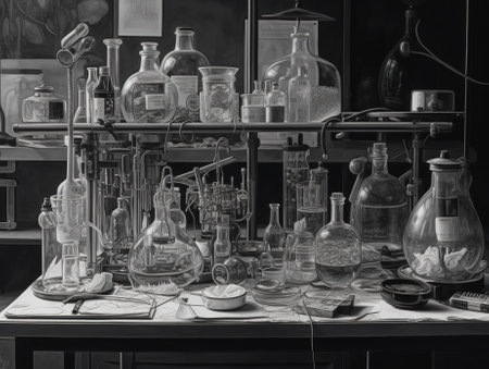 Laboratory glassware. Black and white image of scientific glassware.の素材