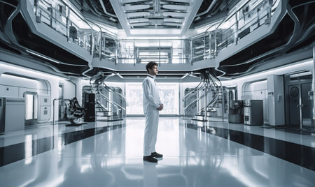Full length portrait of a male doctor in a white coat standing in an empty hospital corridor.の素材