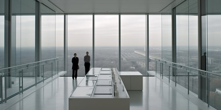 Businessman and businesswoman standing on the terrace of office buildingの素材