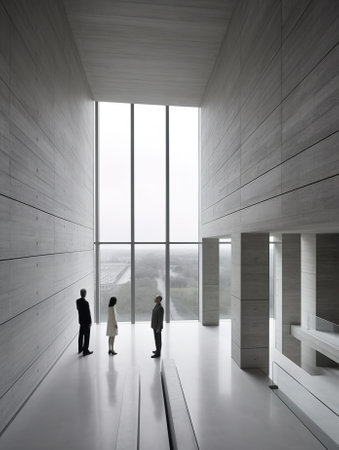Business people standing in interior of modern office building, looking out the windowの素材