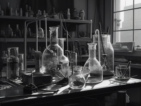 Laboratory glassware and test tubes on the table in black and whiteの素材
