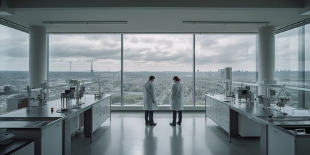 Two scientists in lab coats looking at a city panoramic viewの素材