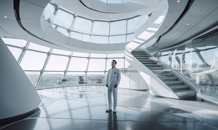 Portrait of confident male doctor in white uniform looking at camera while standing in modern hallの素材