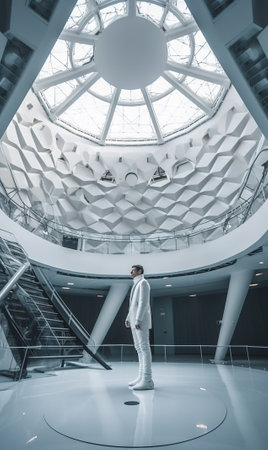 Young man in a business suit standing in a modern office building.の素材