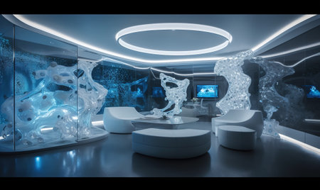 3D rendering of a futuristic interior of a room with futuristic technologyの素材